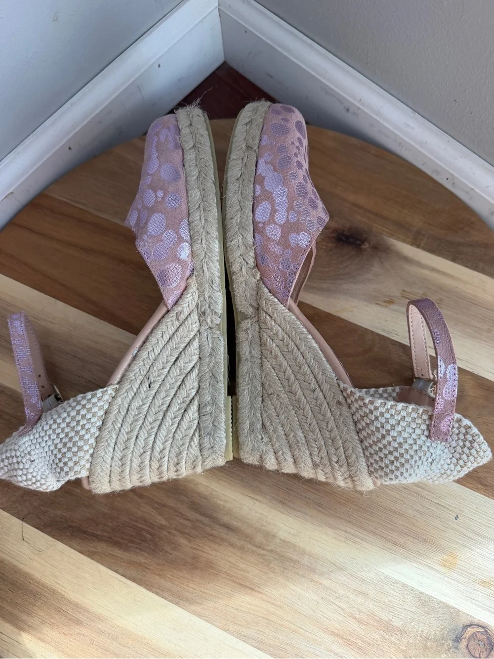 Helene Rouge Spain Pink Metallic Polka Dot Espadrille Wedge Sandals Sz 9 Leather